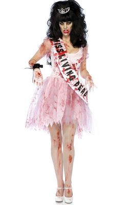 F1493  Bloody Evil Putrid Prom Queen Dress Outfit Womens Halloween Costume