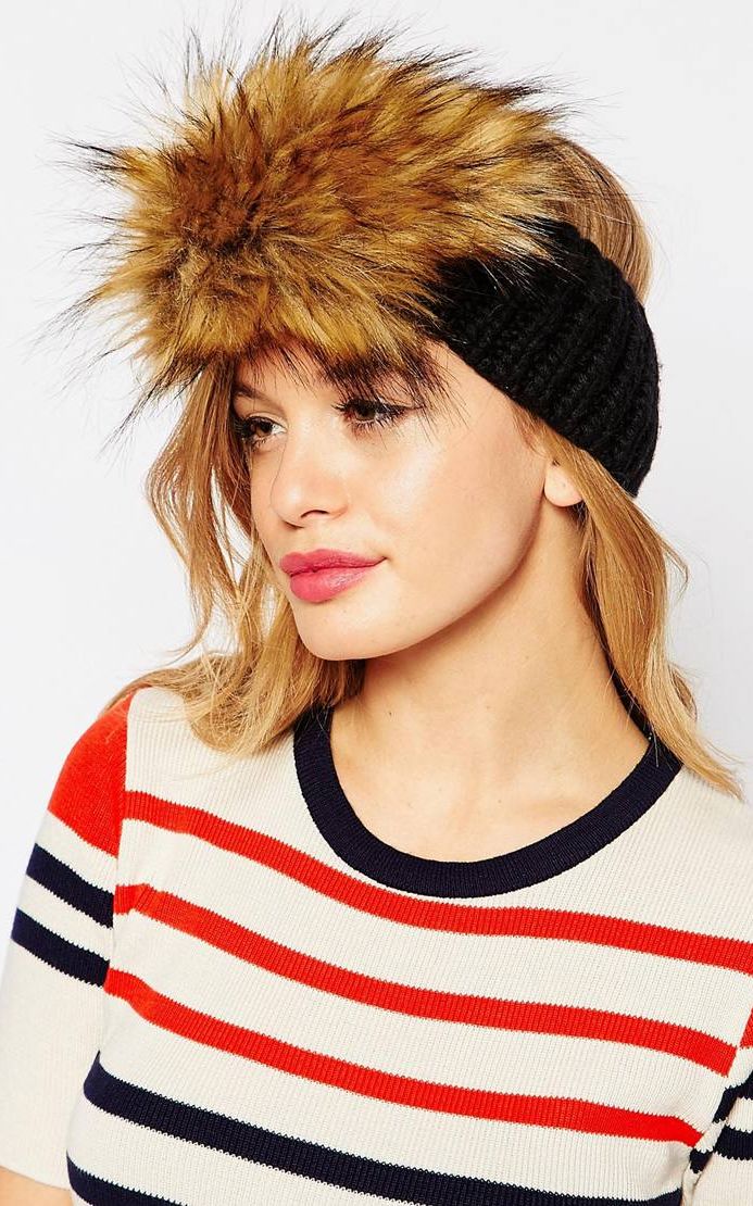 B043-1 Winter Fashion Knitted Faux Fur Trim Elastic Hairband Ear Warmer Hat