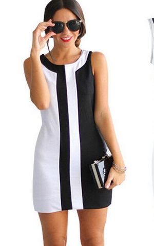 F2483 Black and White Stitching Sleeveless Summer A-line Mini Dress Plus Size