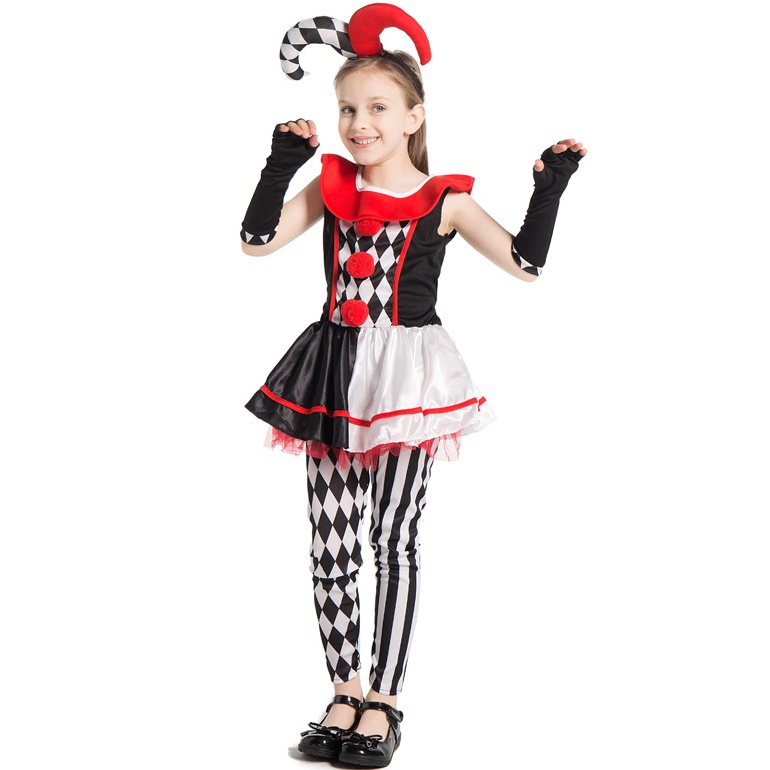 Girls Jester Clown Costume Halloween Kids Circus Scary Villain Tutu Dress Outfit