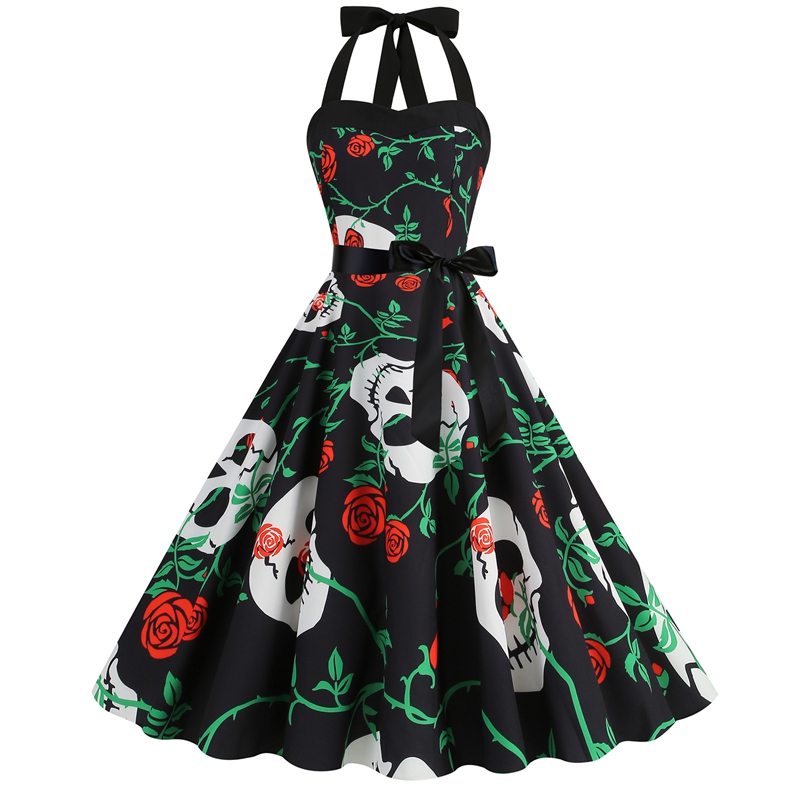 Women Sleeveless Halter Print Halloween Dresses Elegant Festival Party Costumes