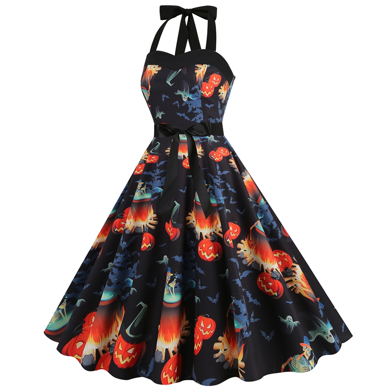 Women Sleeveless Halter Print Halloween Dresses Elegant Festival Party Costumes