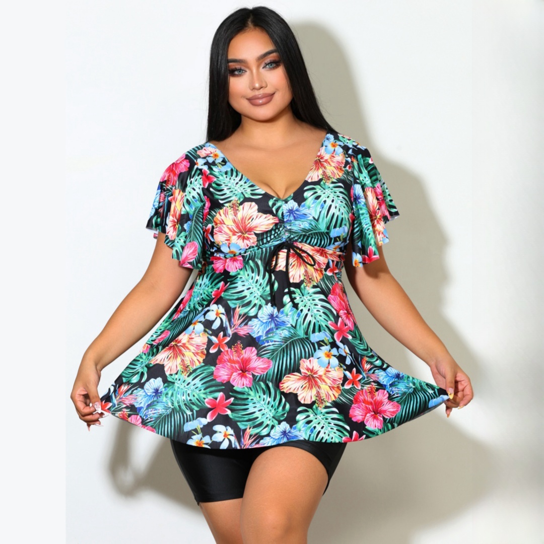 Plus Floral Print V-Neck Top With Drawstring And Boyshorts Black Swimwear Set