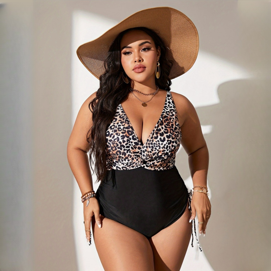 Plus Size Drawstring Side V Neck One Piece Swimsuit  Tummy Control Swimsuit