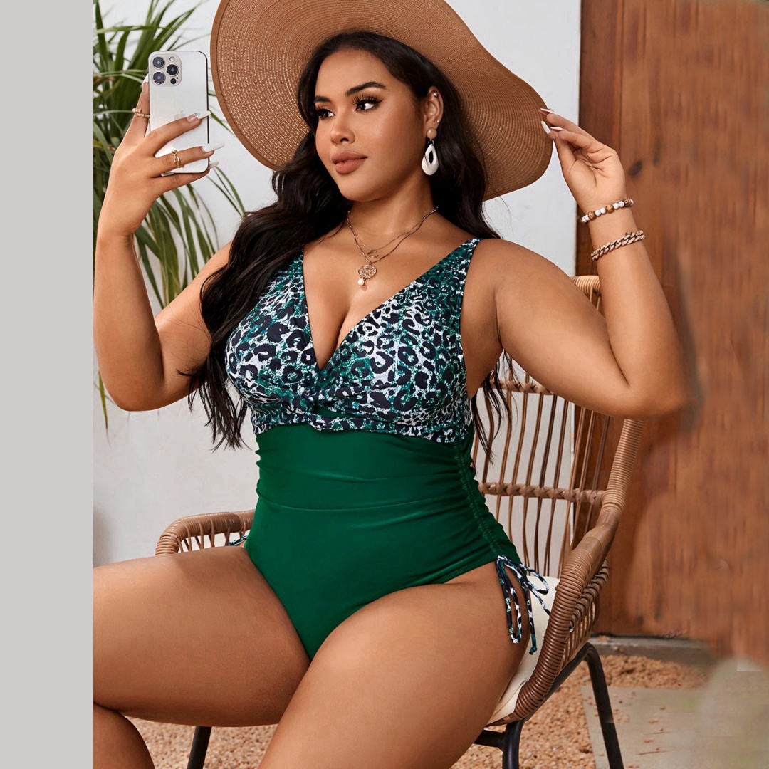 Plus Size Drawstring Side V Neck One Piece Swimsuit  Tummy Control Swimsuit