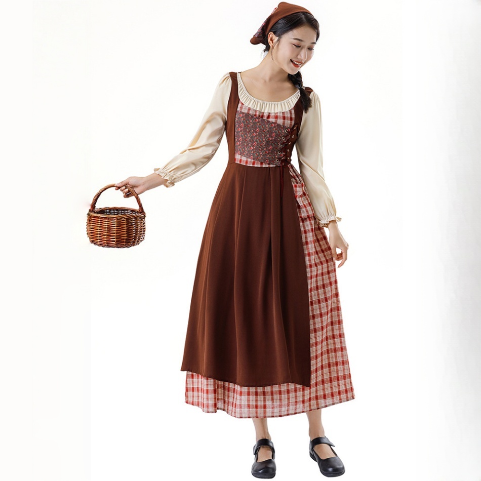 Traditional Dirndl Costume Dress With Cream Long Sleeves And Ankle Length