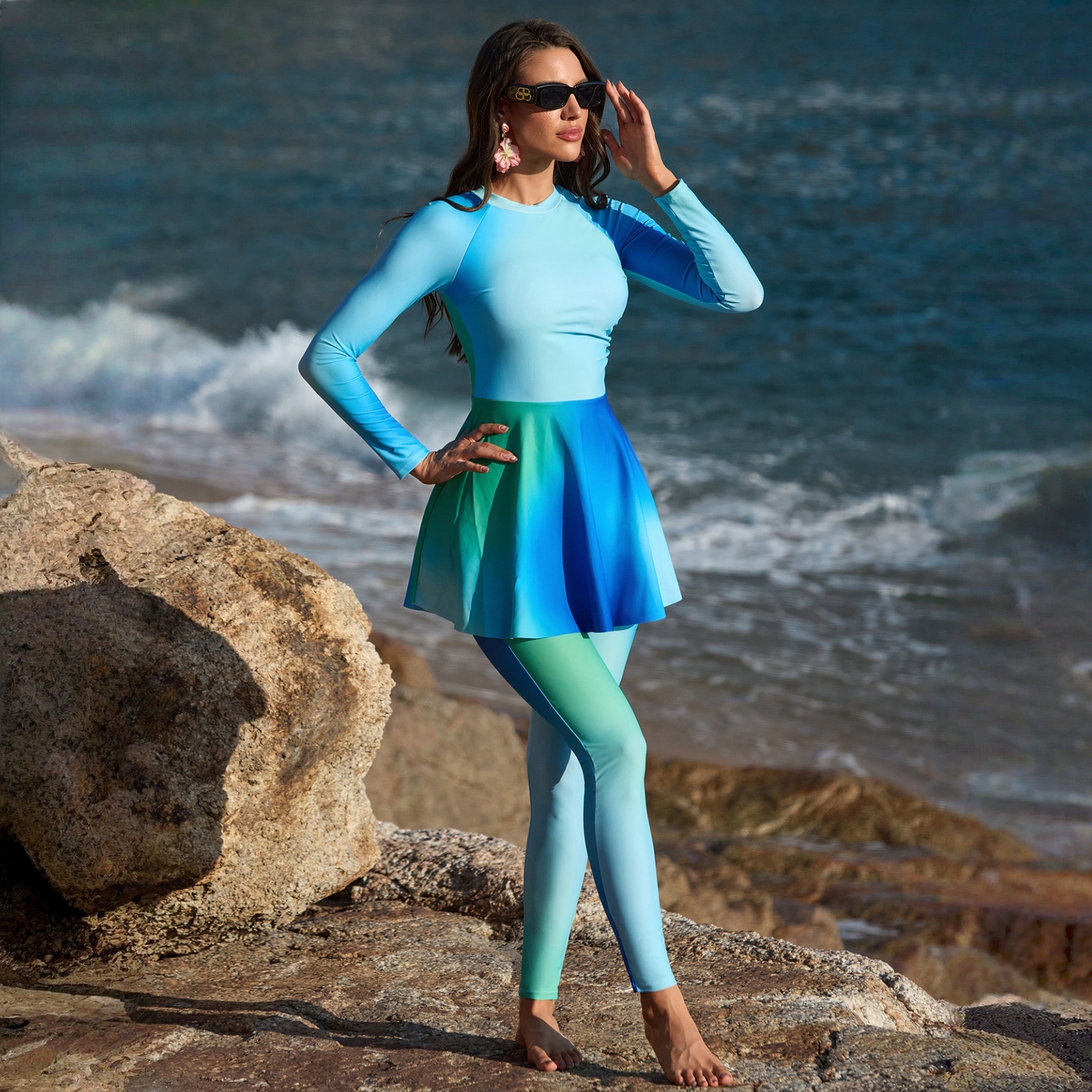 Womens Long Sleeve Color Block Athletic Swimwear Set With Leggings