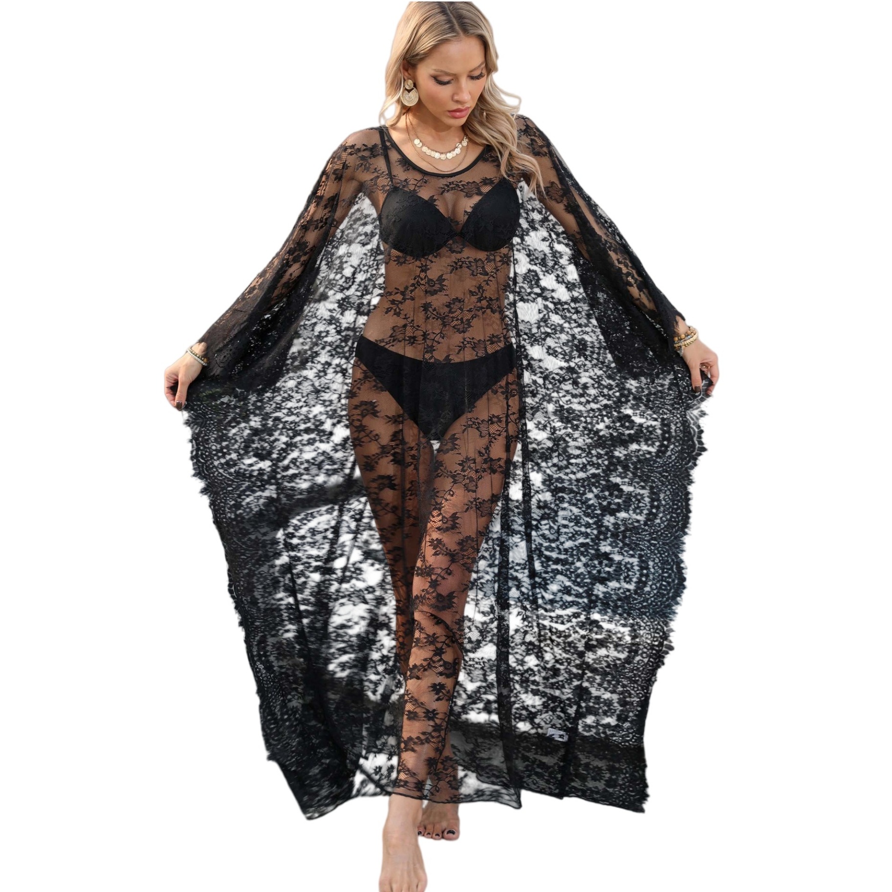 Black Lace Beach Bikini Cover up Robe Sexy Swimwear Hollow out See-through Dress
