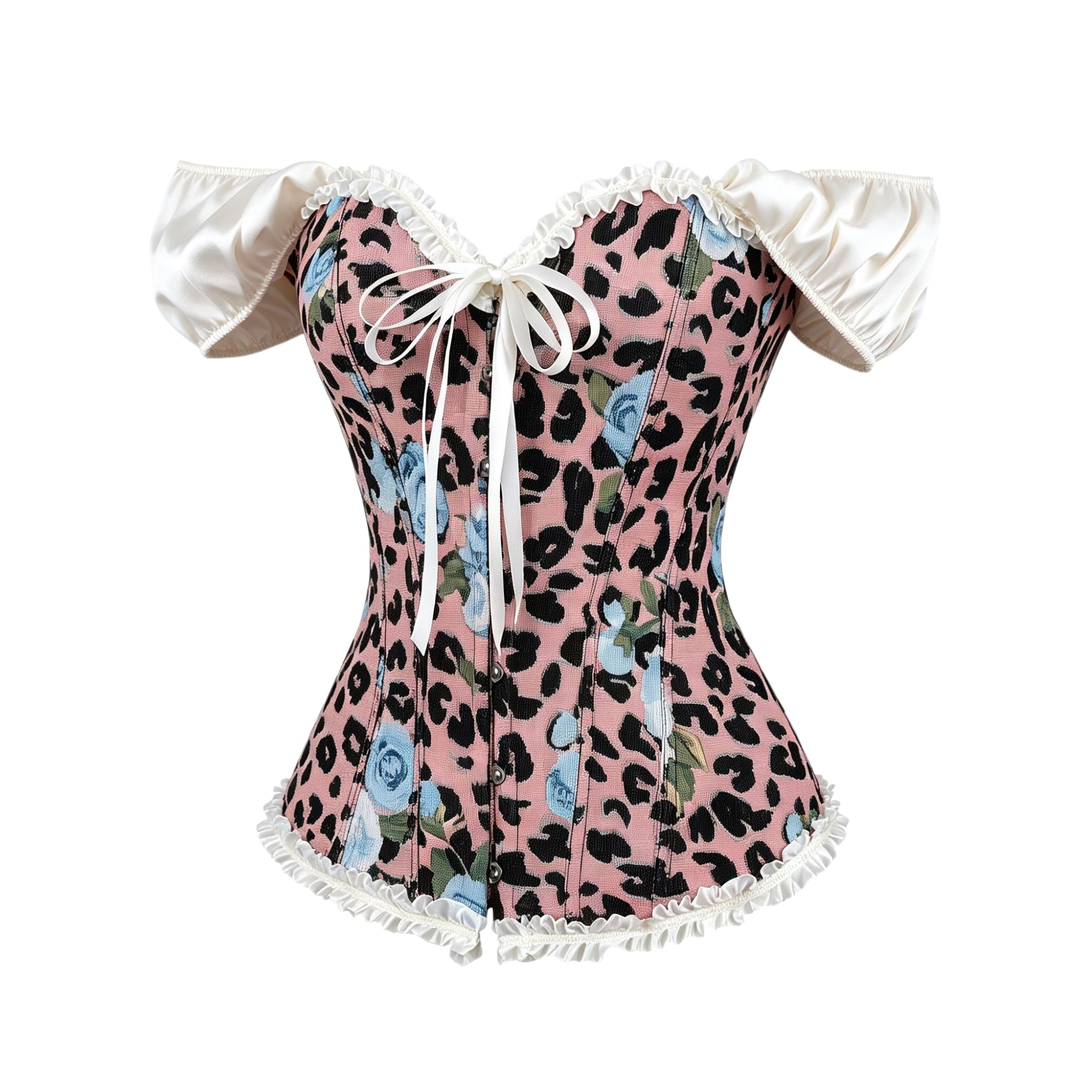 Leopard Floral Corset Off Shoulder Puff Sleeve Ruffle Lace Up Fishbone Bustier
