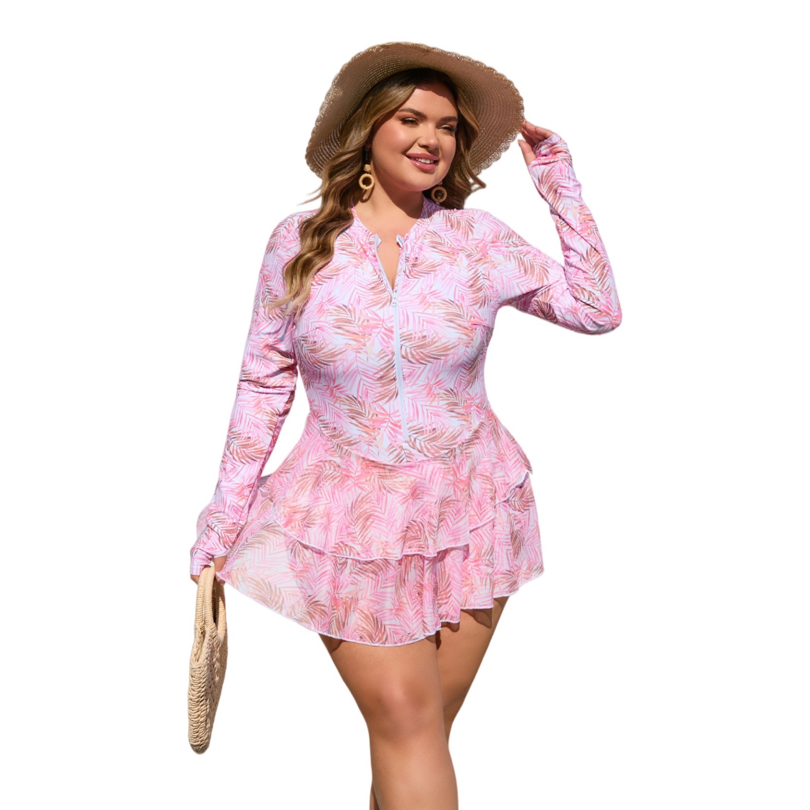Plus Size Rash Guard Swimdress Modest Tummy Control Ruffle Skirted Swimsuit